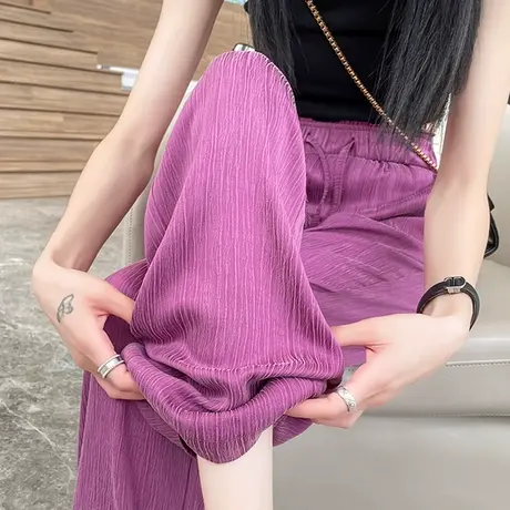 铜氨丝紫色醋酸阔腿裤女夏季薄款高腰显瘦垂感冰丝休闲直筒拖地裤商品大图