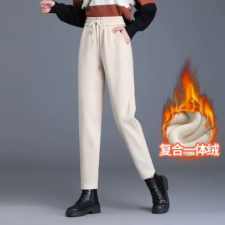 时尚松紧腰加绒毛呢哈伦裤女秋冬2023新款小个子宽松休闲萝卜裤子商品大图