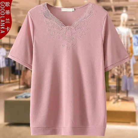 中年妈妈装夏装200斤绣花短袖上衣洋气时尚加肥加大码女装冰丝T恤商品大图
