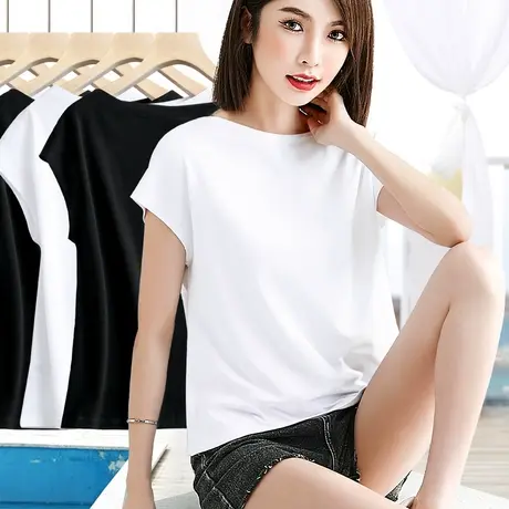 纯棉白色一字肩领t恤女短袖夏季新款简约宽松短袖纯色插肩袖上衣商品大图