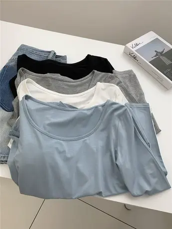 莫代尔棉方领长袖T恤女秋季薄款面膜T修身显瘦纯色百搭套头打底衫商品大图