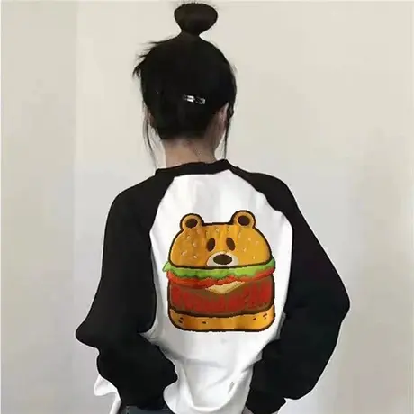 黑白拼色插肩长袖T恤女春秋季休闲宽松显瘦中长款内搭打底衫上衣图片