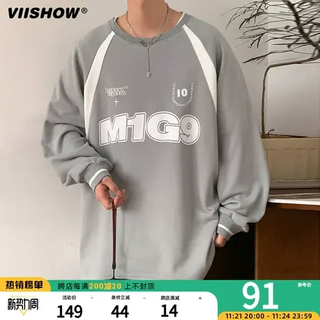 VIISHOW麂皮绒美式潮牌卫衣男春秋季圆领宽松痞帅重磅美式上衣商品大图