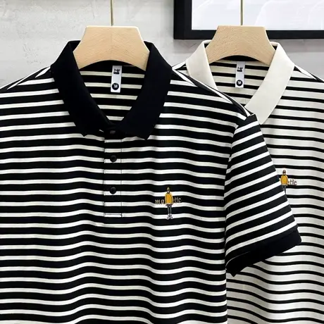 短袖t恤男2023夏装新款翻领POLO衫时尚潮牌韩版冰丝休闲条纹半袖商品大图