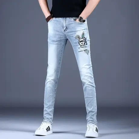 秋冬潮流男士刺绣花牛仔裤男款时尚修身弹力百搭小脚裤子2023新款商品大图