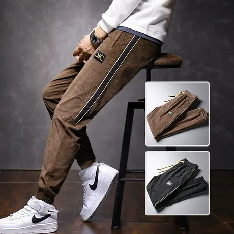 冬季咖啡色灯芯绒运动休闲长裤男士束脚宽松紧腰春秋冬款条绒潮牌商品大图