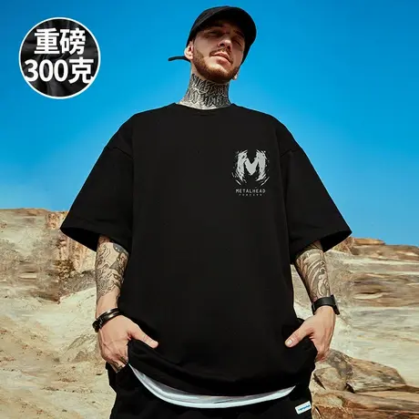 300g重磅美式字母印花短袖t恤街头大码男装黑色圆领纯棉简约半袖商品大图