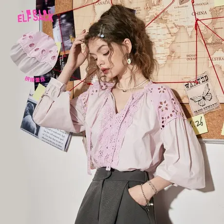 妖精的口袋镂空粉色长袖衬衫外套女2023秋季新款长袖设计感上衣图片