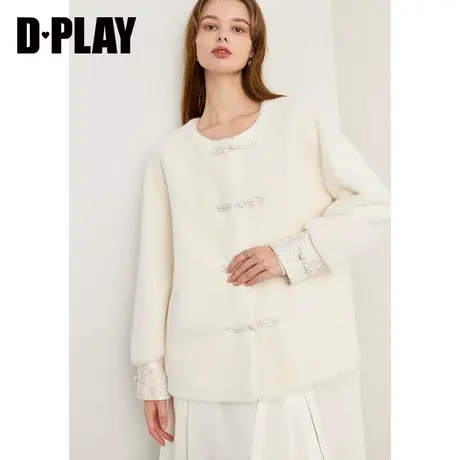 DPLAY2023新中式国风杏色仿皮毛一体圆领手工盘扣毛毛加厚短外套商品大图