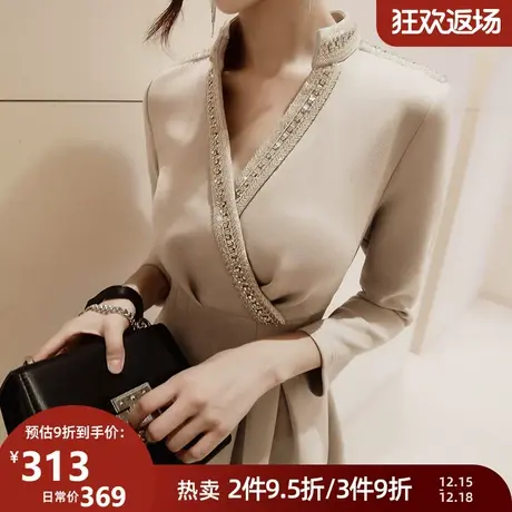 粉红大布娃娃高端气质连衣裙女神范复古钉珠长袖小个子秋冬图片