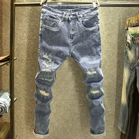 潮牌破洞补丁牛仔裤男款修身小脚裤潮流时尚个性针缝贴布男装长裤商品大图