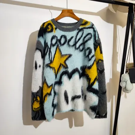 慵懒风毛衣女宽松套头秋冬新款星星字母涂鸦休闲针织上衣加厚外穿商品大图