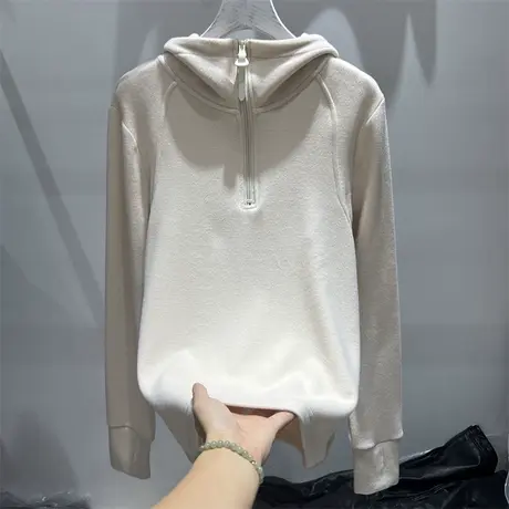 半拉链连帽卫衣女德绒保暖秋冬季宽松显瘦设计感小众纯色上衣外套商品大图