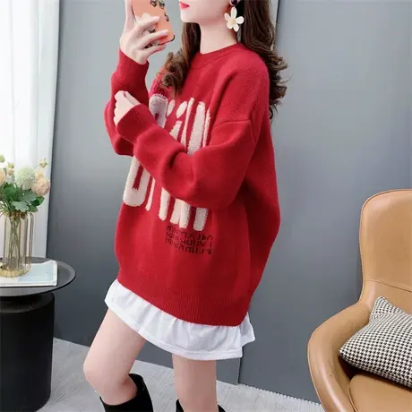 中长款假两件字母圆领毛衣女秋冬2023新款宽松加厚洋气打底针织衫图片