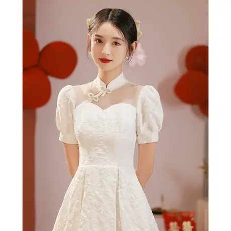 订婚连衣裙白色礼服女夏季轻奢小众高端敬酒服法式泡泡袖小个子商品大图