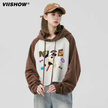 VIISHOW插肩短款连帽卫衣男生日系学院风潮牌宽松上衣2024春新款商品大图