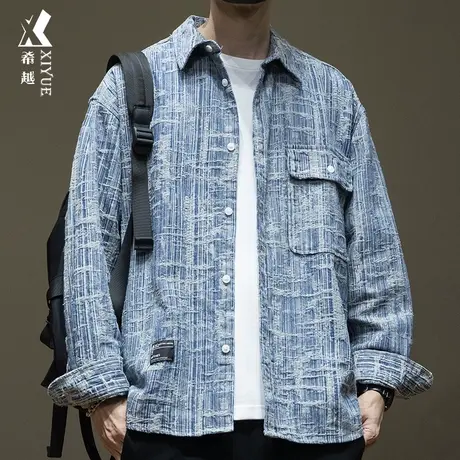 希越高级感提花衬衫男2024春秋季男士长袖衬衣宽松大码小香风外套商品大图