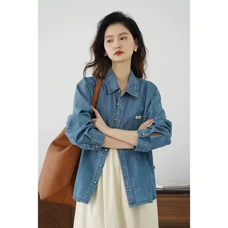 嘉茱莉2025春季新款复古牛仔外套女翻领牛仔衬衫宽松上衣1OO棉图片