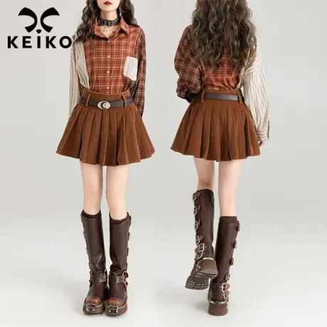 KEIKO复古咖色条绒百褶裙短裙春夏美拉德高腰显瘦A字半身裙子伞裙图片