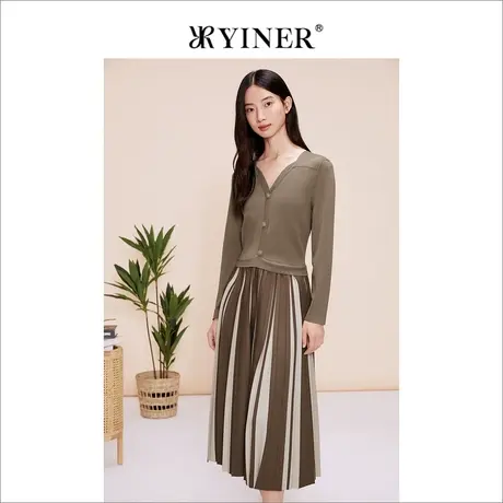 YINER音儿春季女装法式优雅V领拼接撞色百褶针织连衣裙商品大图
