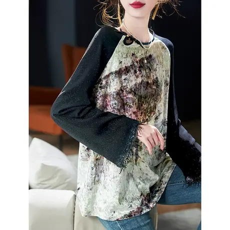 宝诗黎圆领拼接亮丝丝绒雪纺衫2024春季新款宽松百搭长袖休闲上衣图片