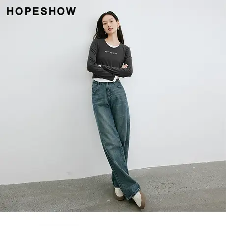 红袖设计感撞色假两件长袖hopeshow2024春季新款辣妹风短款小上衣商品大图