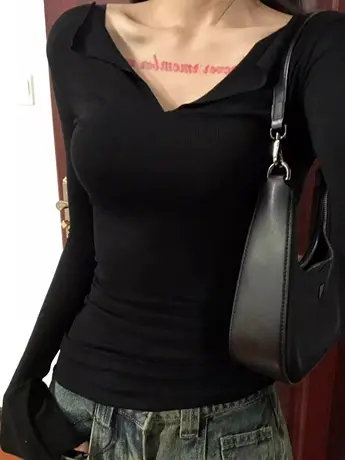 半开v领正肩长袖t恤女内搭秋季修身显瘦辣妹风美式复古打底衫上衣商品大图