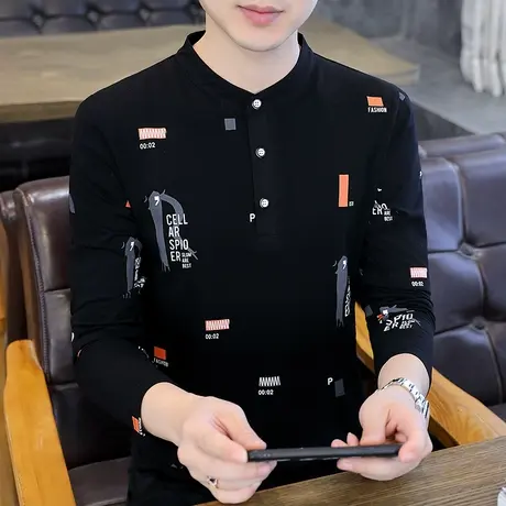 秋季男士立领长袖T恤打底衫时尚休闲纯色打底衫青年纯棉秋衣男装图片