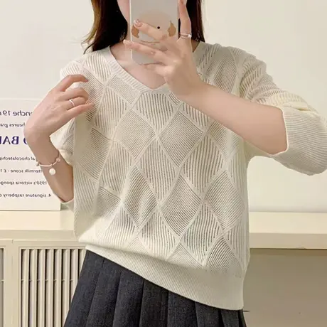 春夏镂空套头罩衫女2024年新款长袖V领针织衫休闲薄款上衣小衫潮商品大图