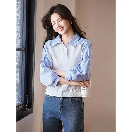 时尚气质衬衫2024年春季新款女拼接条纹休闲通勤减龄学院风上衣图片