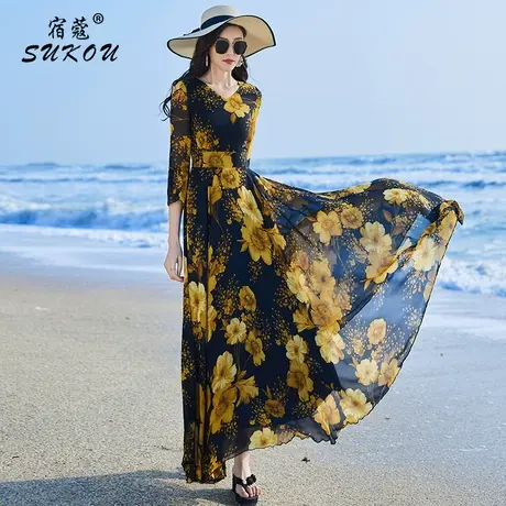 七分袖气质连衣裙薄款女夏季2023年新款大码v领雪纺大摆裙沙滩裙图片