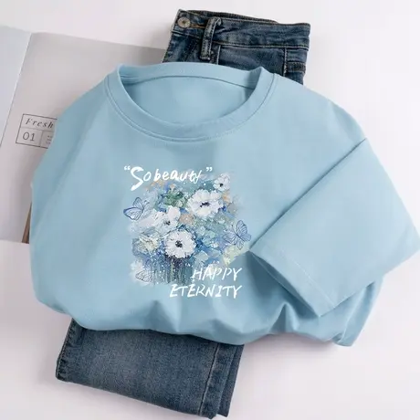 蓝色纯棉长袖t恤女2023秋季新款宽松设计感上衣春秋薄款内搭打底商品大图