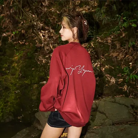 YEP美式复古酒红色卫衣女春秋2023年新款小个子宽松潮牌套头上衣商品大图