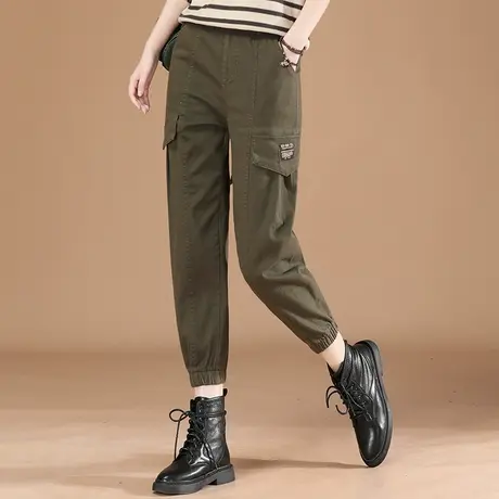 松紧腰高腰工装裤女2023春秋装新款宽松韩版束脚九分哈伦休闲裤子图片