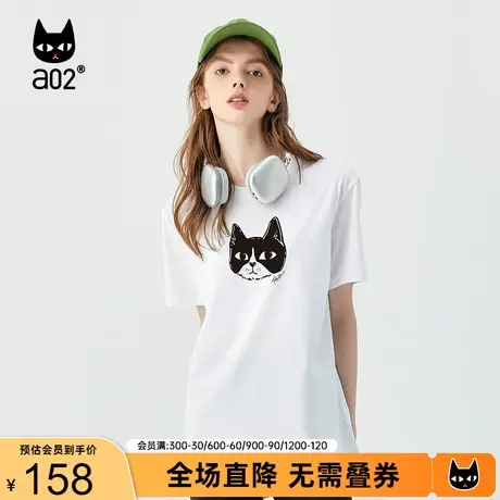 【趣玩】a02宽松百搭短袖T恤2023夏季新品猫咪印花圆领纯棉T恤女图片