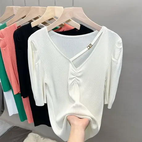 v领冰丝针织衫女2023春夏秋新款打底衫泡泡袖上衣薄款中袖t恤衫潮图片