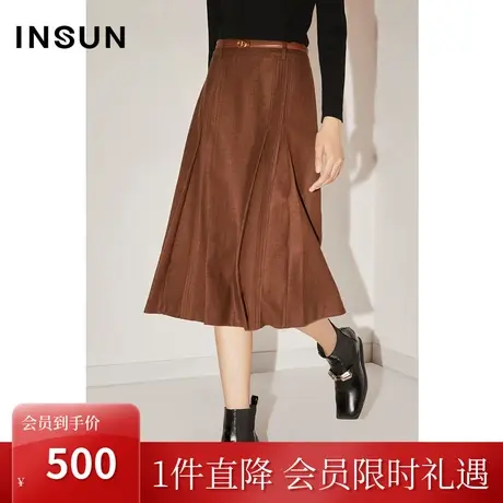 恩裳COVER冬季2022新款时尚肌理感细条压褶复古风A字羊毛半身裙女图片