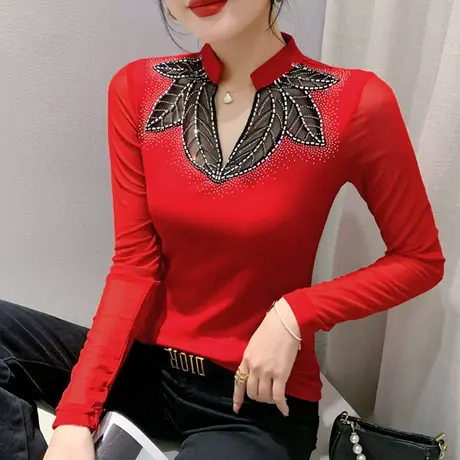 性感镂空长袖T恤女2023秋季新款洋气网纱拼接打底衫时尚烫钻上衣图片
