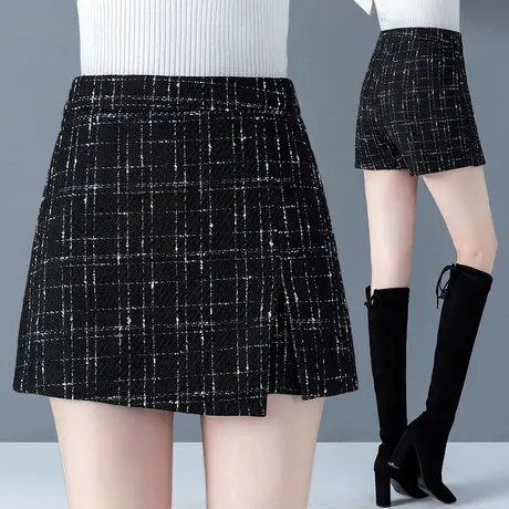 短裤冬季外穿秋冬款小香风假两件不规则裙裤女高腰时尚粗毛呢裤裙图片