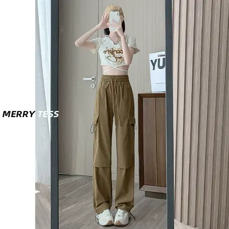 卡其色直筒休闲工装裤女夏季2023年新款设计感速干束脚抽绳阔腿裤图片