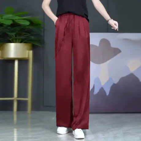 醋酸冰丝阔腿裤女2023新款高腰显瘦抖抖裤高级感缇花休闲直筒裤薄商品大图