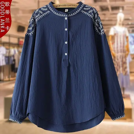 中年妈妈衬衣女上衣春装加肥加大码宽松洋气刺绣棉麻长袖女士衬衫商品大图