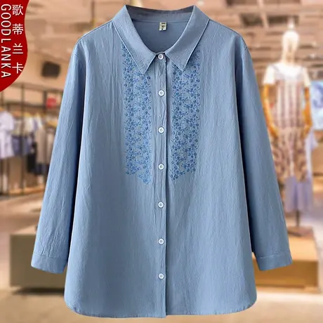 中年胖妈妈秋装长袖衬衫200斤大码宽松上衣洋气刺绣棉麻女士衬衫商品大图
