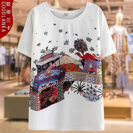 中年胖妈妈夏装纯棉短袖T恤女200斤大码中老年女宽松时尚印花上衣商品大图