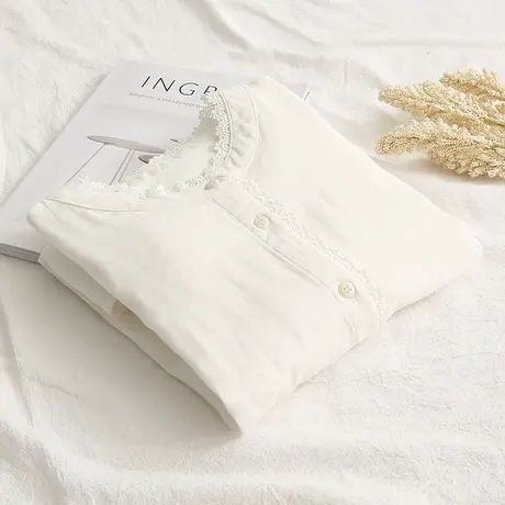 日系文艺蕾丝小花边立领双层棉纱衬衫女甜美棉布上衣小衫长袖衬衣商品大图