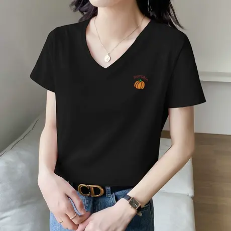 短袖基础款印花V领T恤2022夏季新款纯棉宽松直筒潮牌夏季半袖上衣商品大图