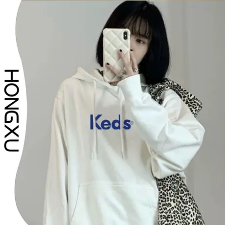 红续秋冬新款白色印花卫衣2023新款女生连帽上衣加厚显瘦套头长袖图片