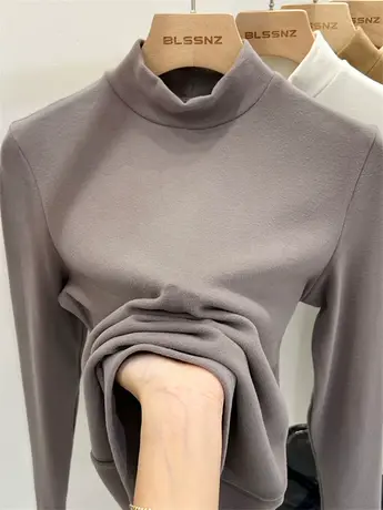 高领双面德绒打底衫女内搭秋冬新款纯色高级感显瘦磨毛t恤女长袖商品大图