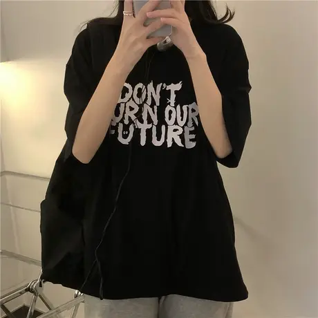 美式复古短袖t恤女夏2023宽松韩版ins潮oversize学生体恤半袖上衣商品大图