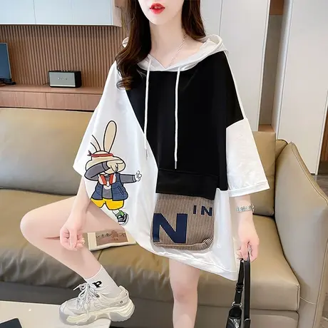 连帽短袖t恤女夏季韩版宽松大码女装中长款撞色胖mm遮肚藏肉上衣图片